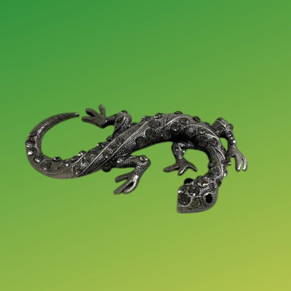 Vintage Silver Tone Rhinestone Lizard Brooch Pin 3 in, Gecko - Picture 3 of 11